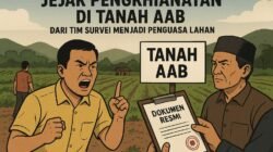 Ilustrasi konflik lahan AAB di Belang Rakal yang menggambarkan ketegangan antara masyarakat dan pihak yang diduga menguasai lahan.